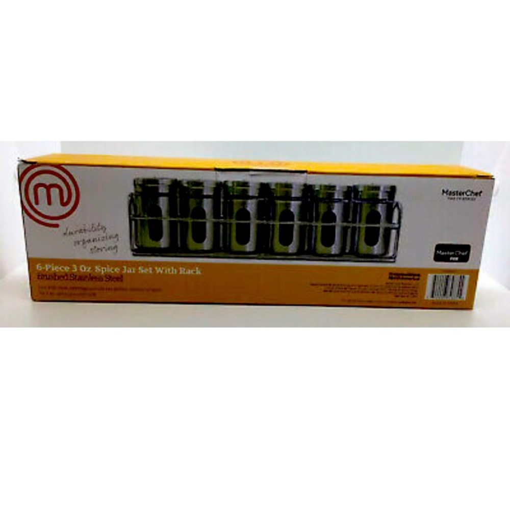 New Master Chef TV Series Stainless Steel Spice Jar Set Of 6 With Rack 3 Oz